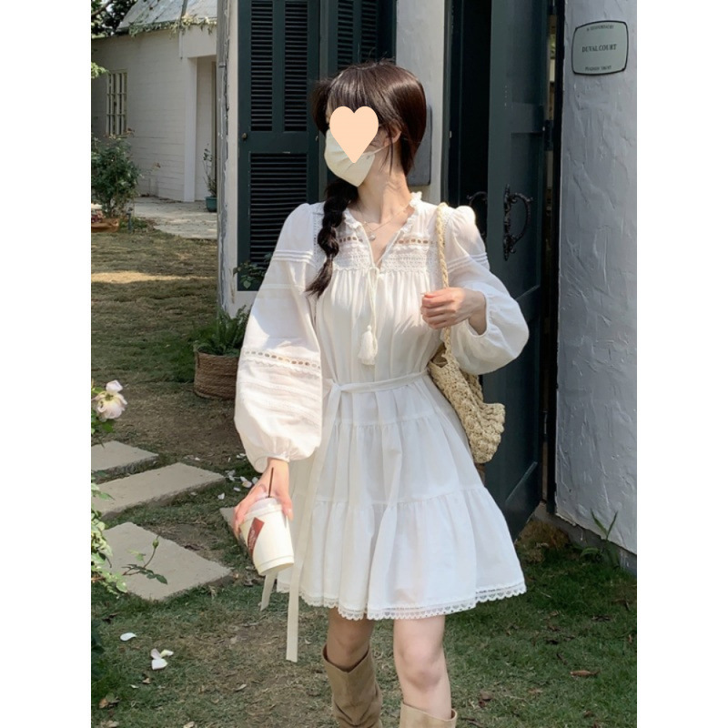 夏季2025年新款法式镂空蕾丝拼接连衣裙女温柔风气质白色裙子|undefined