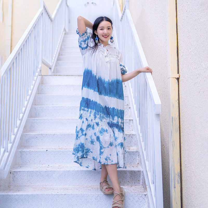 Dali Handmade Tie-Dye Dress, Beach Dress, Embroidered Artistic Short-Sleeved Mid-Length Dress, Cotton Artistic Retro Style Dali Handmade Tie-Dye Dress, Beach Dress, Embroidered Artistic Short-Sleeved Mid-Length Dress, Cotton Artistic Retro Style