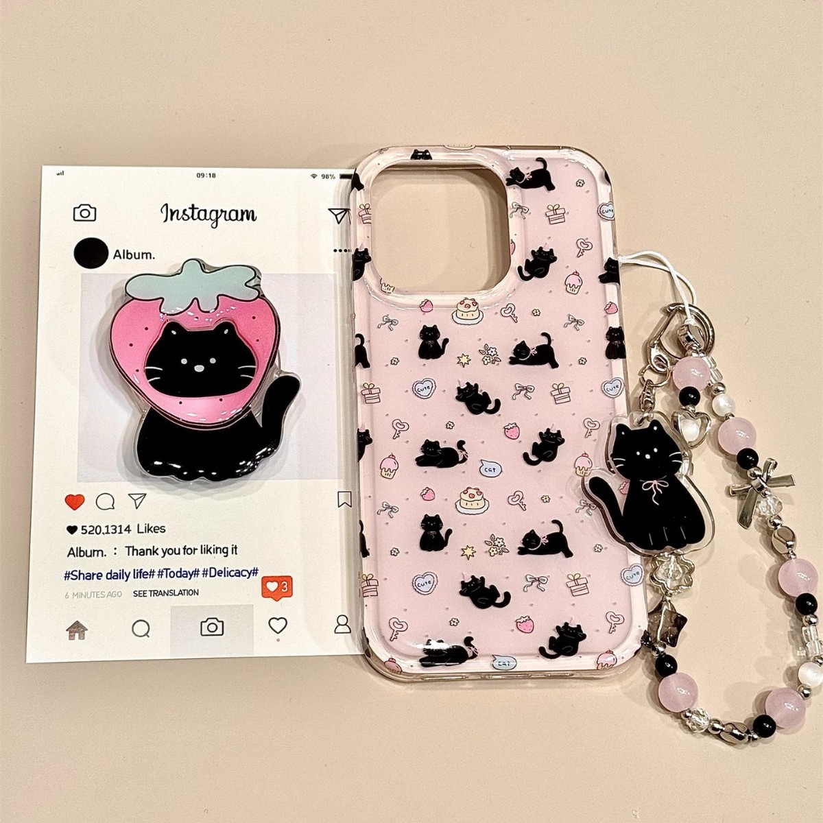 Lindo gato de fresa para iPhone 15Pro funda para teléfono móvil 16ProMsx soporte 13 Apple 14 cadena