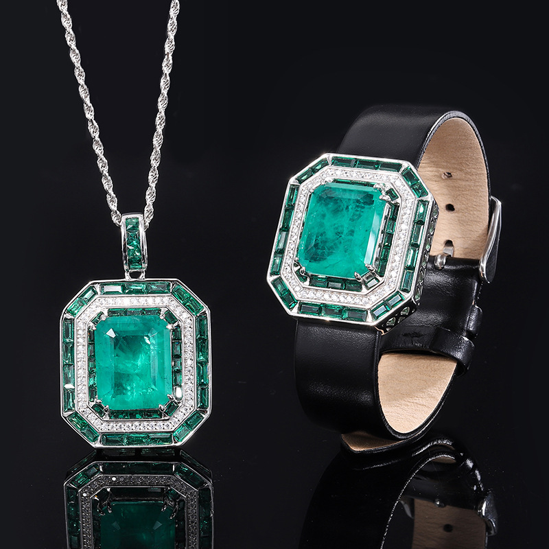 Zhuang Sheng joyería S925 todo el cuerpo de plata TikTok Venta caliente simulación abuela verde cuadrado marca joyería de lujo