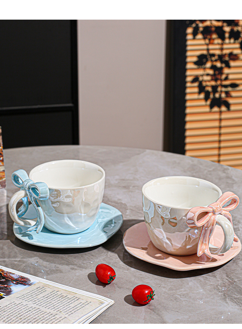 Ceramic Coffee Cup And Saucer Set With Bowknot Elegant Design_voghion.com