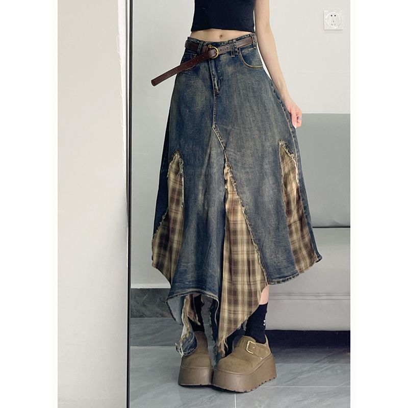 Maillard Irregular Half-Length Denim Skirt Women's Spring and Summer New High Waist Mid-Length Spliced ​​Plaid Skirt