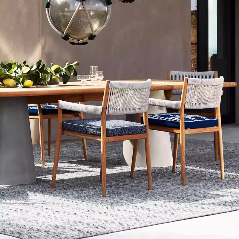 Mesa de comedor al aire libre teca trenzada impermeable tabla de mármol silla de caña jardín al aire libre patio muebles de ocio