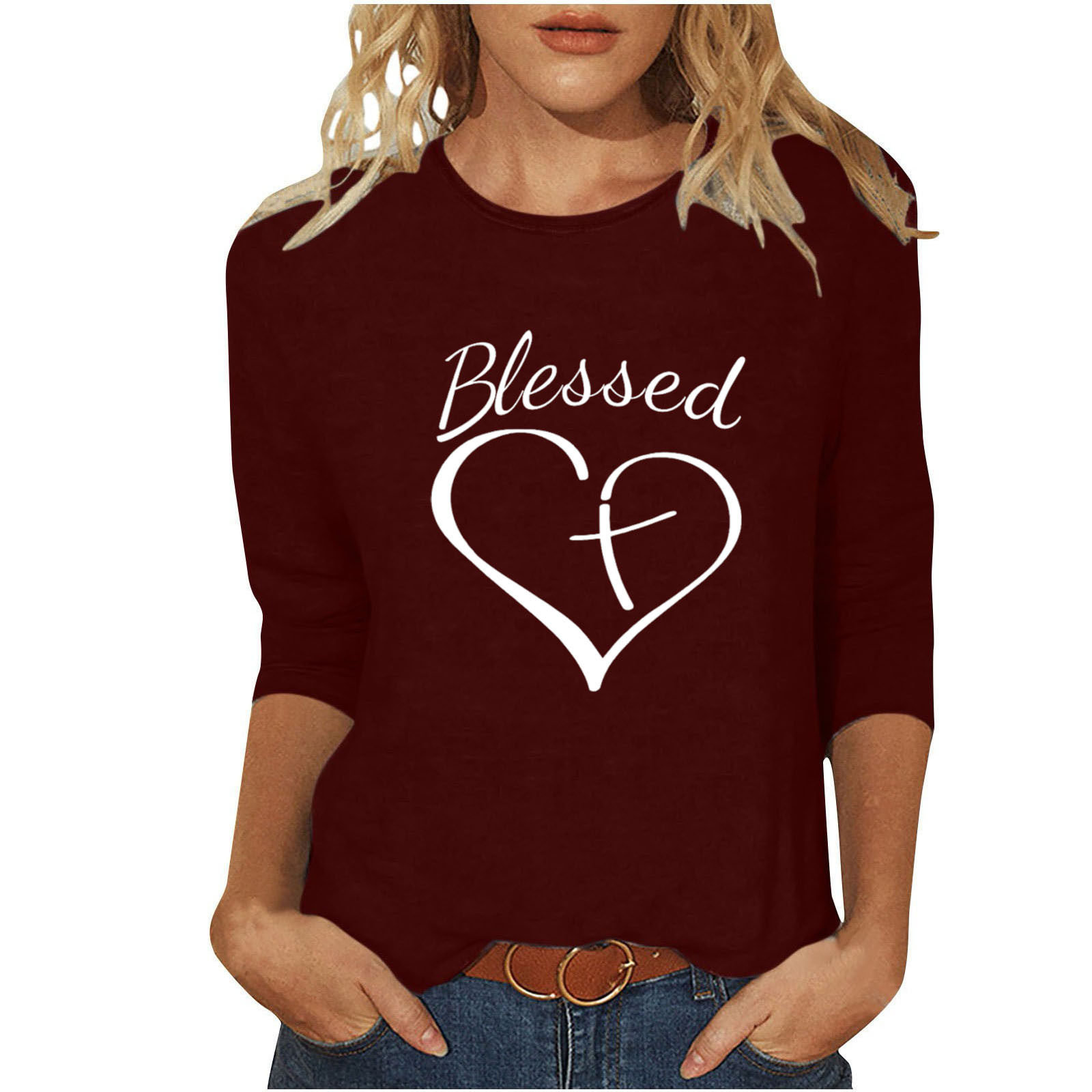 Women's T-shirt 3/4 Length Sleeve T-shirts Casual Basic Letter Heart Shape display picture 9