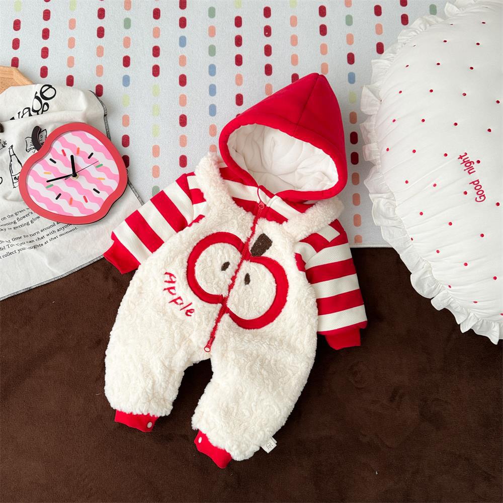 2025 nuevo producto ropa de invierno para bebés de una pieza tipo bebé 0-3 dibujos animados manzana Año nuevo año nuevo año nuevo peludo cálido gatear