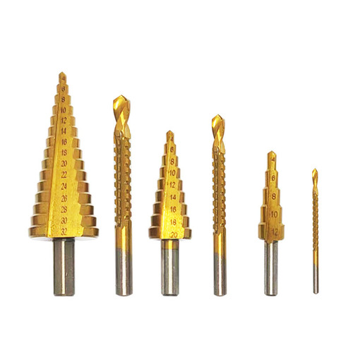 Triangular handle titanium-plated straight groove step serrated drill set 6-piece set of plastic box pagoda serrated drill for opening and enlarging holes