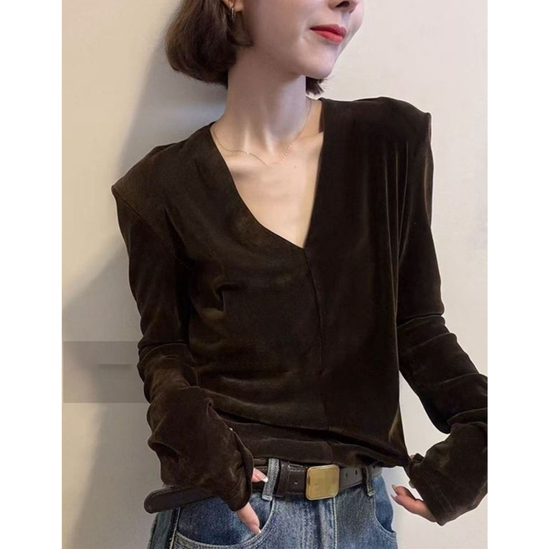 European and Korean Goods in Stock 2025 Early Autumn New Style Long-Sleeved V Neck with Shoulder Pads Feminine Velvet t Elegant Top for Women European and Korean Goods in Stock 2025 Early Autumn New Style Long-Sleeved V Neck with Shoulder Pads Feminine Velvet t Elegant Top for Women