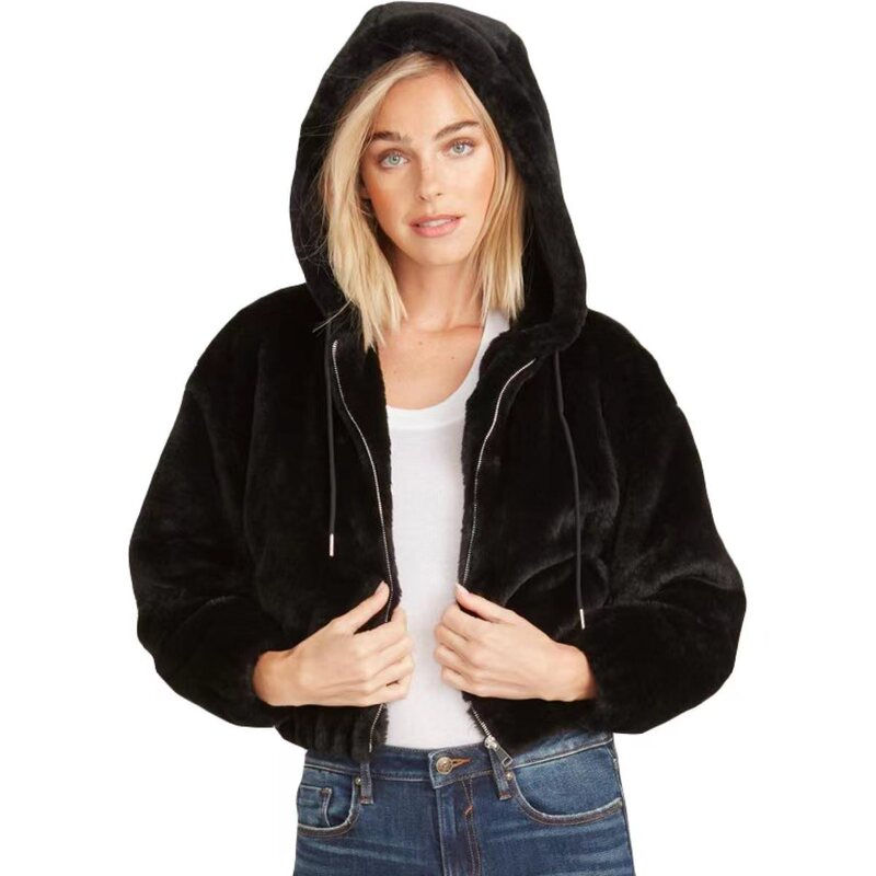 Direct Sale from Foreign Trade Manufacturer: Women's Faux Fur Teddy Jacket with Attached Hood, Lightweight, Hooded, and Warm