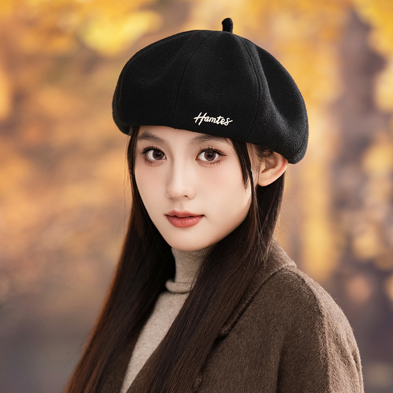 字母刺绣毛呢复古洋气南瓜帽女冬季斜纹保暖贝雷帽气质潮搭画家帽|undefined