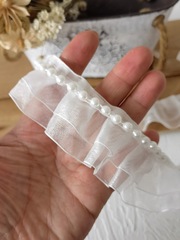 白色雙層雪紗帶褶皺珠子蕾絲邊衣服領口袖口裙擺娃娃蕾絲花邊輔料