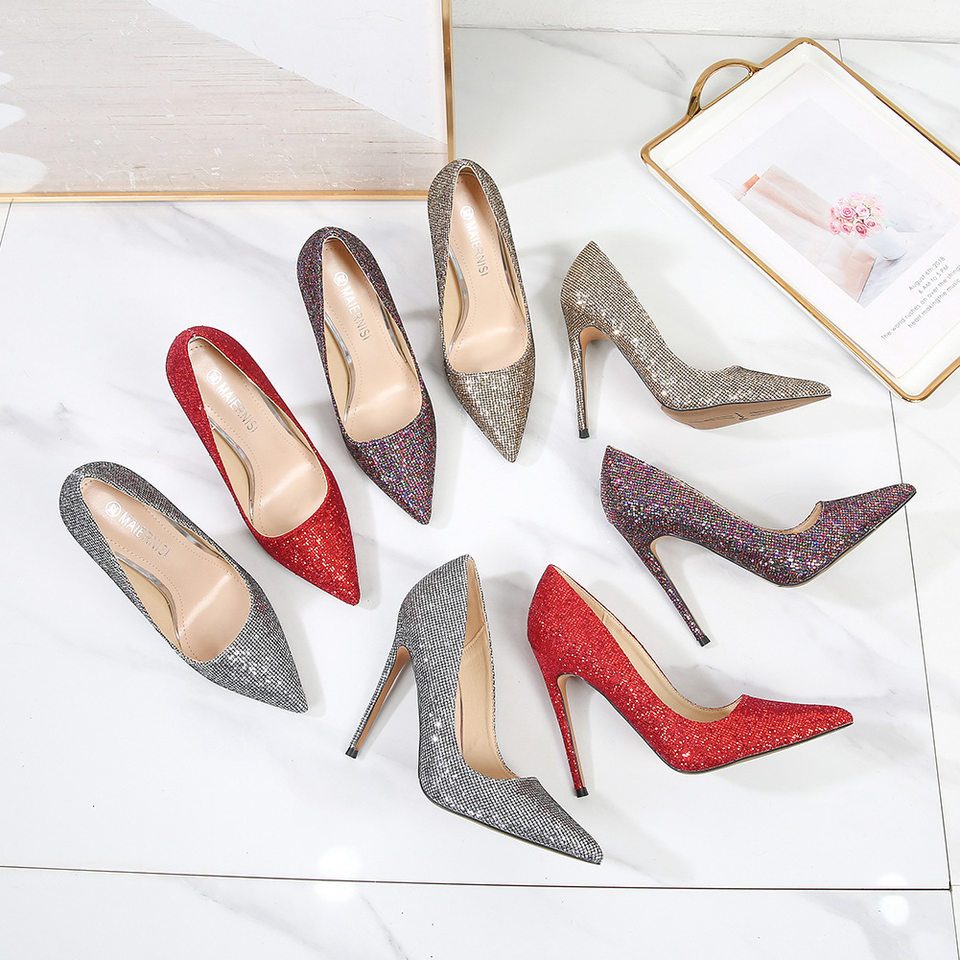 Giày cao gót nữ mũi nhọn gót siêu cao phủ sequins lấp lánh phong cách Âu Mỹ — Màu bạc, Màu sắc, Màu vàng, Màu đỏ