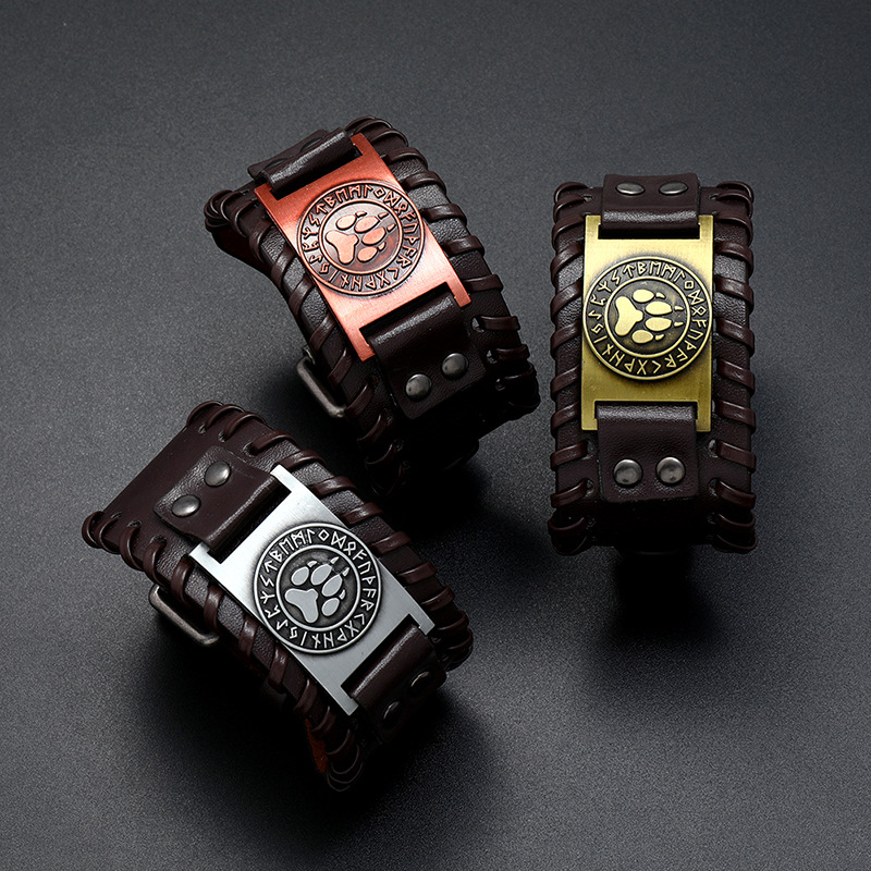 Simple Viking totem bear claw leather bracelet