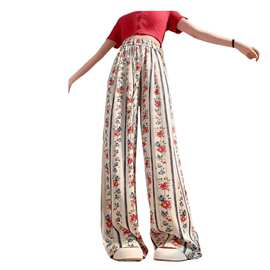 复古玫瑰印花阔腿裤女夏季薄款冰丝垂感凉凉防晒裤高腰休闲拖地裤