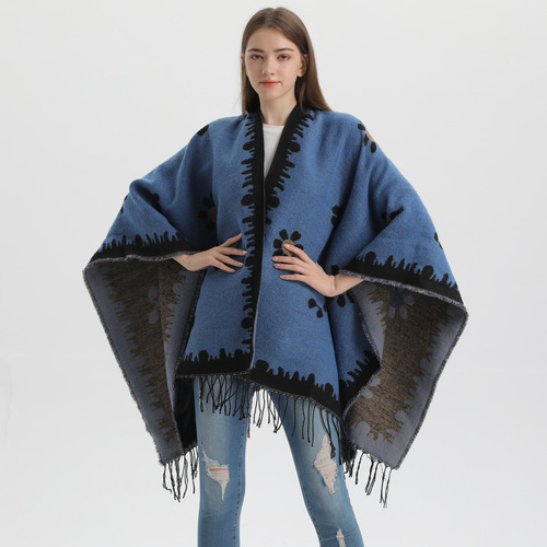 Korean fashion autumn and winter shawl new style small fresh flower knitted cardigan tassel slit warm outer cape