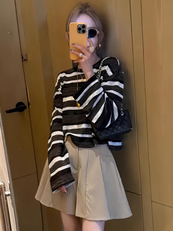 撞色条纹斜肩吊带长袖T恤女2025早秋新款洋气修身显瘦时尚上衣潮|undefined