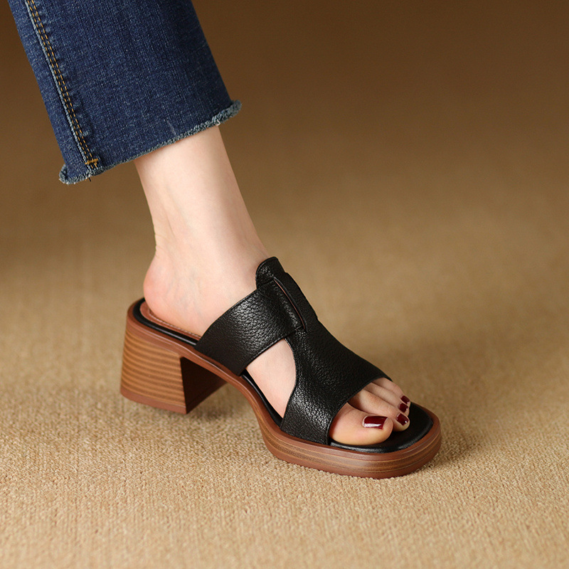 Dép sandal nữ đế dày gót vuông mũi hở 4.5 cm kiểu La Mã — đen