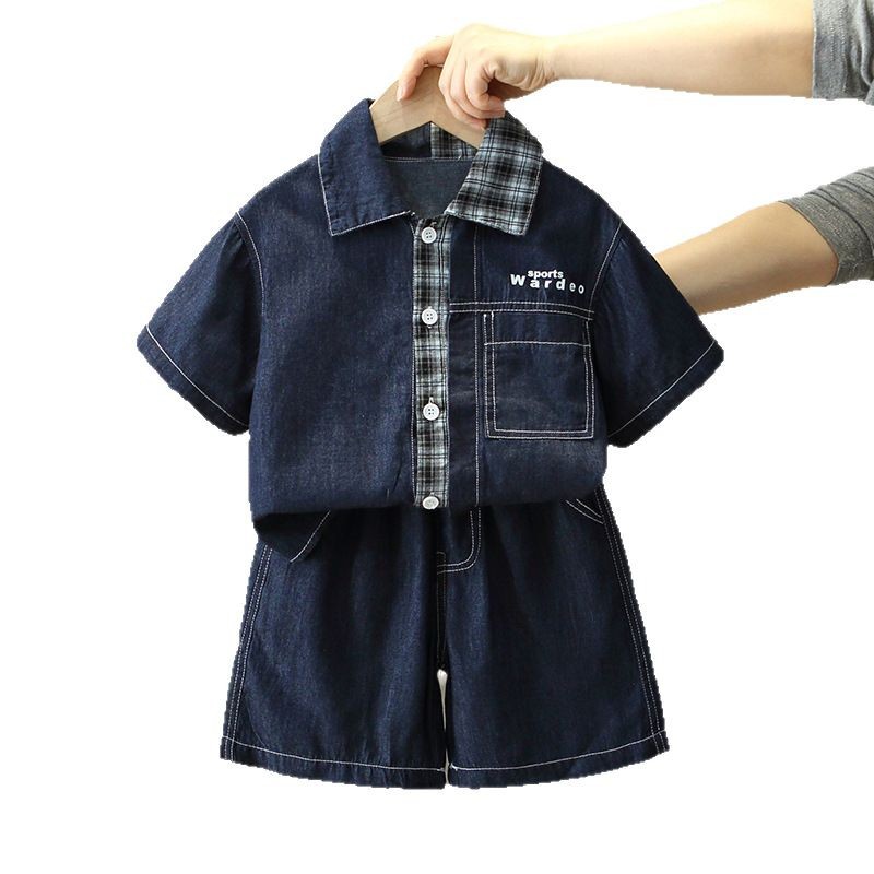 8097 traje de manga corta de mezclilla para niños 2025 nuevo vestido de verano camisa guapa para niños ropa casual de dos piezas de moda