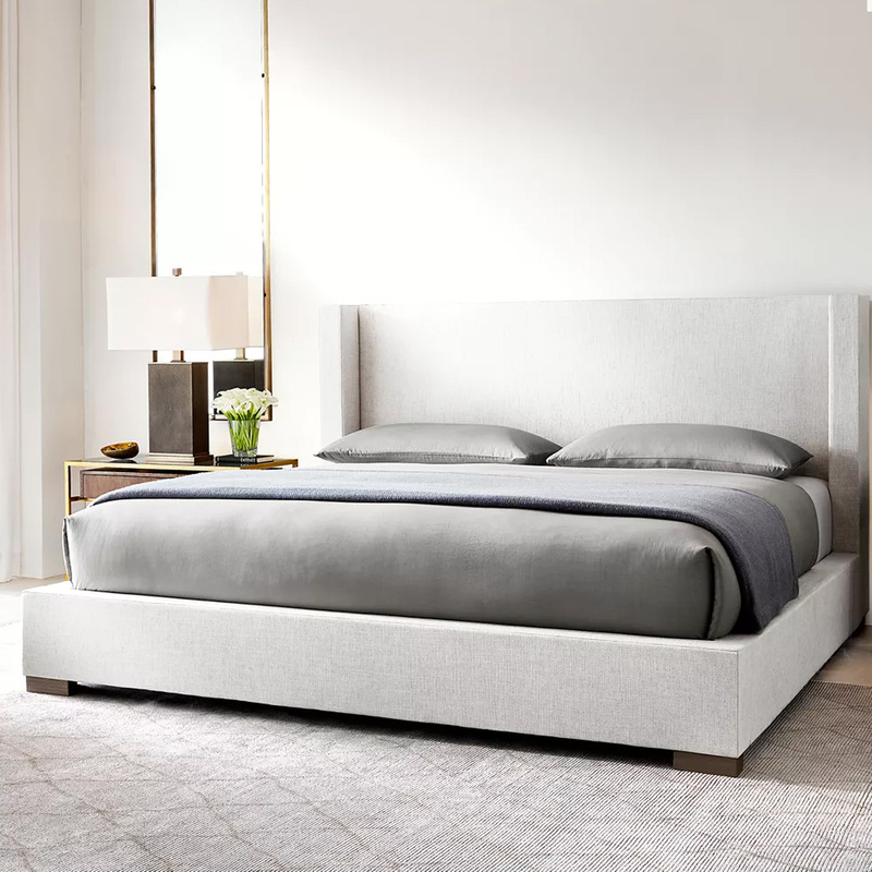 American-Style Rh Minimalist Designer Bedroom Fabric Double Bed, Nordic Hotel and Guesthouse Model Room High-Back Large Wedding Bed