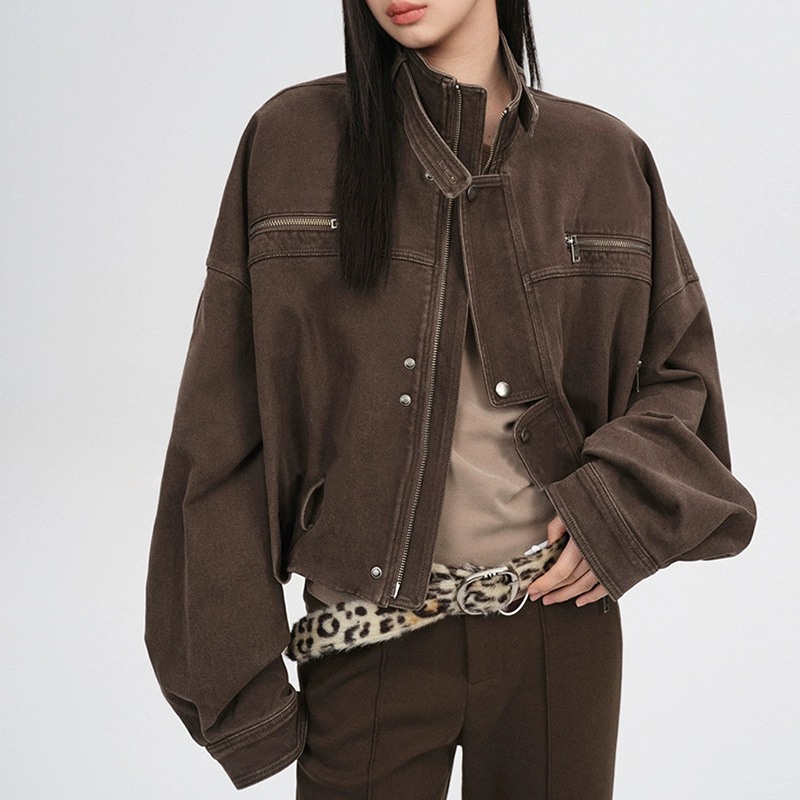 2026 Spring Korean American-Style Special Edition Stand-Collar Coffee-Colored Biker Jacket Retro Workwear Style Washed Short Jacket for Women