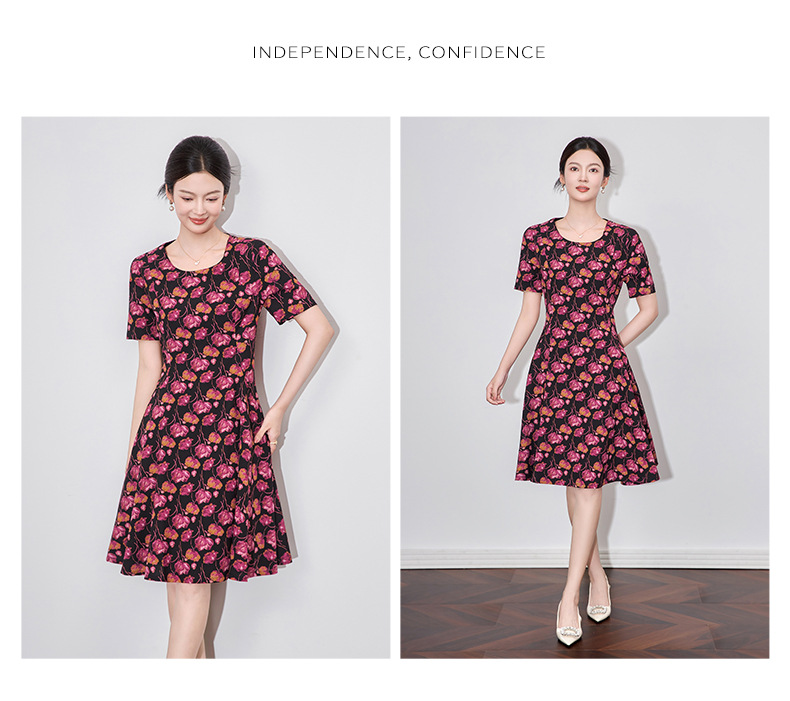 Đầm maxi nữ thắt eo tay ngắn in họa tiết hoa cổ điển kiểu Pháp — hoa hồng đỏ chi tiết 8