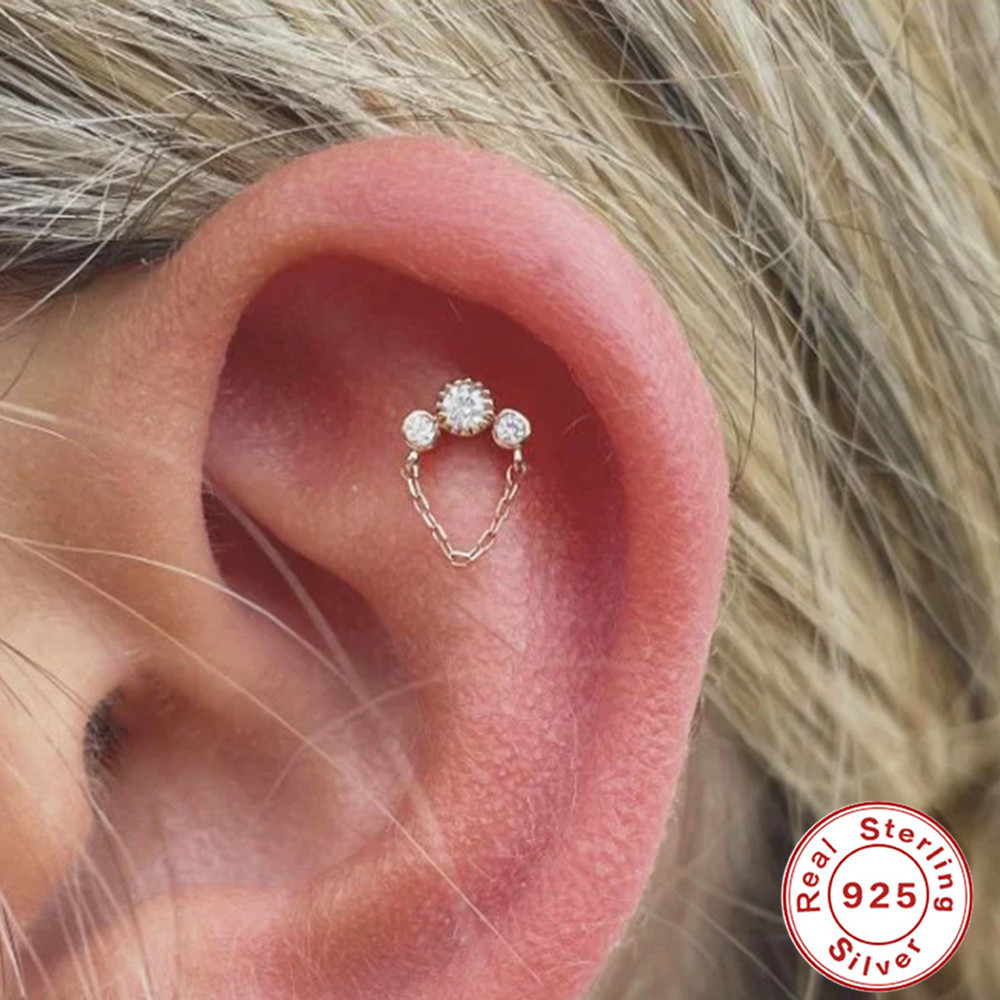 Nuevo actualizado s925 plata esterlina triple diamante borla cadena hilo oído hueso Stud moda exquisita pendientes