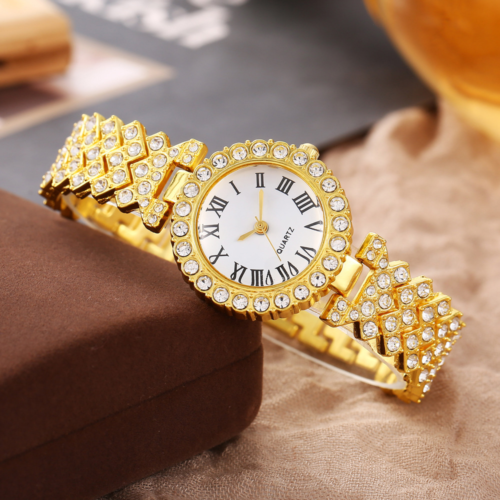 Popular Foreign Trade Fashion Roman Pattern Diamond-Encrusted Women's Watch, Quartz Watch, Bracelet, Women's Wristwatch, Factory Ready Stock