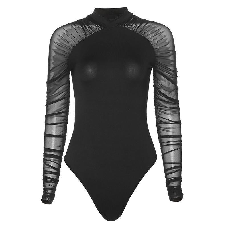Otoño cuello redondo malla costura manga larga color sólido Delgado mono mujeres soporte procesamiento