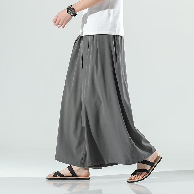 Pantalones de pierna ancha de seda de hielo de verano para hombres sueltos rectos más tamaño Delgado culottes estilo chino retro Hanfu Pantalones