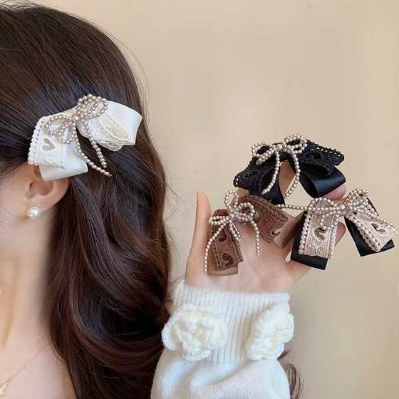 Lace Pearl Bow Hair Clip Elegant 2025 New Niche High-end Light Luxury Side Clip Korean Style Hair Clip