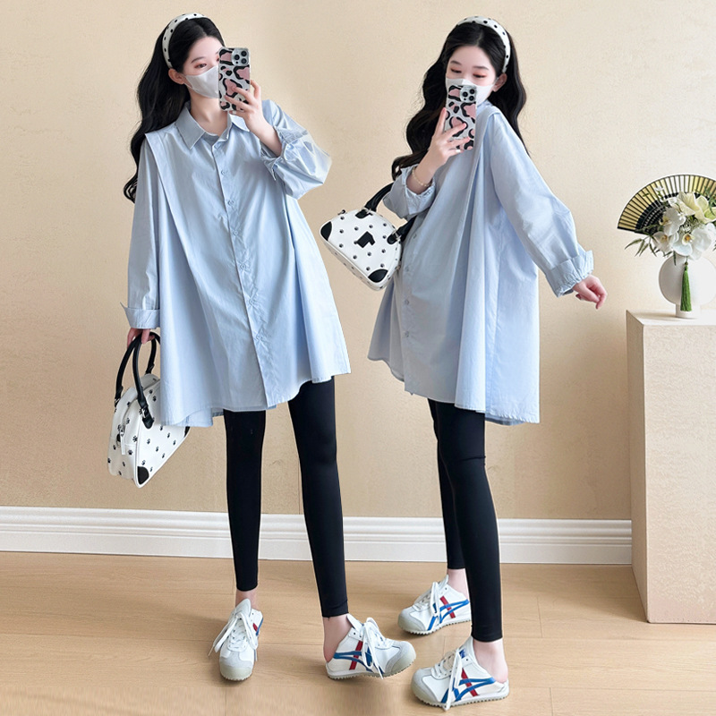 In Stock 2025 Maternity Wear Autum New Korean Style Cotton Mid-Length Large Size Maternity Casual Shirt Fashionable Mom In Stock 2025 Maternity Wear Autum New Korean Style Cotton Mid-Length Large Size Maternity Casual Shirt Fashionable Mom