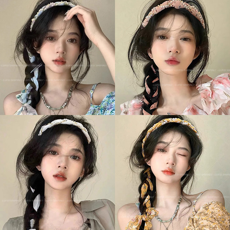 Retro trenzado banda de cabello para mujeres 2025 nueva banda de cabello flotante banda de cabello bufandas de seda banda de cabello todo el sistema de tarjeta de cabello tocado de moda