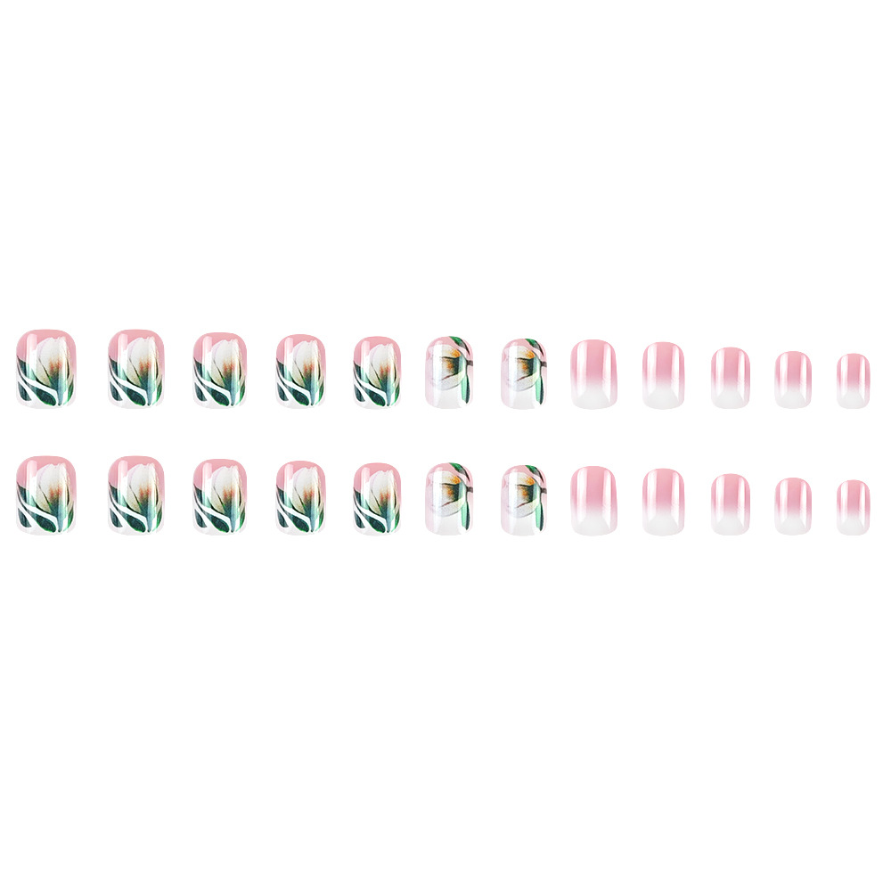 Uñas postizas de primavera y verano para comercio exterior, pegatinas de uñas de tulipán simples y delicadas, 24 piezas, arte de uñas fresco al por mayor.