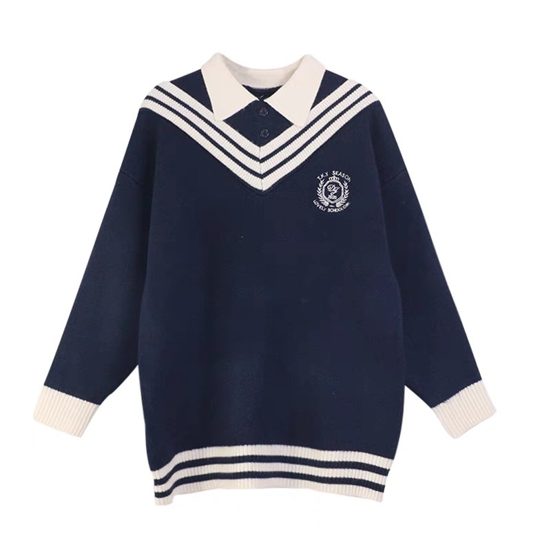 Estilo preppy rayas falso suéter de dos piezas para las mujeres primavera y otoño nuevo cuello de polo suelto dulce JK