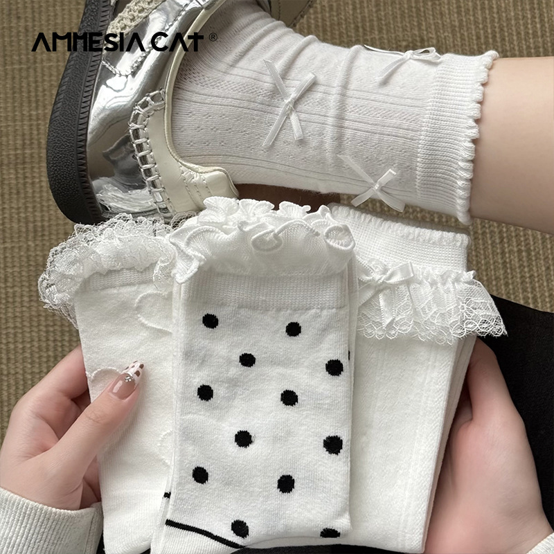 新款春夏薄款白色系列波點蝴蝶結堆堆襪日系少女棉襪中筒女襪批發