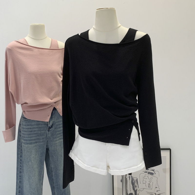 European Red Slanted Shoulder Long-Sleeved Knitted Blouse Camisole Two-Piece Set for Women 2025 Autum New Tops for Women