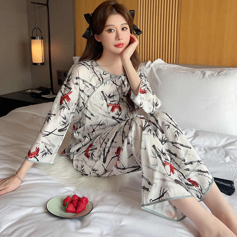 (2개) 봄과 가을 고급 잠옷 여성용 카디건 더블 길이 투피스 세트 달콤한 인쇄 가능한 의상 캐주얼 홈 의류
