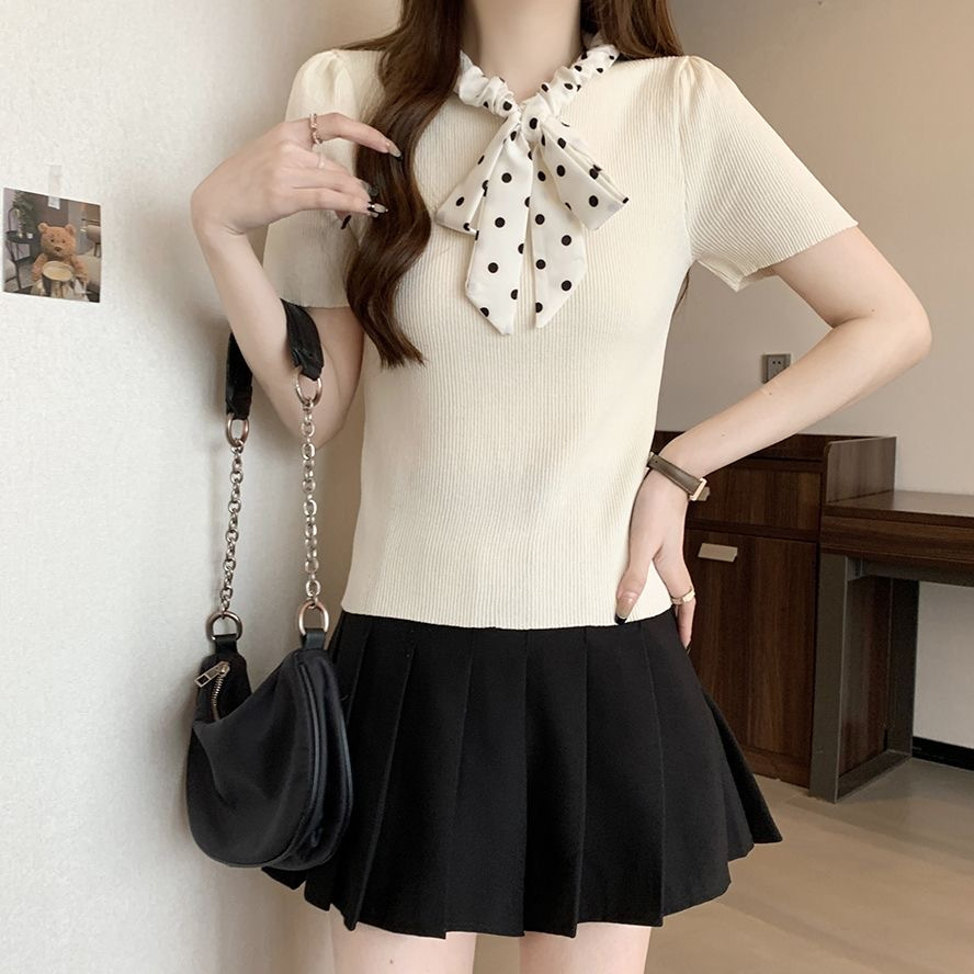 2024 neuer Sommer süßer Polka Dot-Pullover mit Kordelzug, kurzärmeliges Eisseide-Bauchbedeckung, kleines duftendes Streifenoberteil für_voghion.com