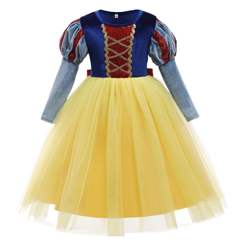 Blancanieves vestido de gasa esponjosa de los niños vestido de niña Frozen Elsa Vestido de manga larga Otoño e Invierno vestido