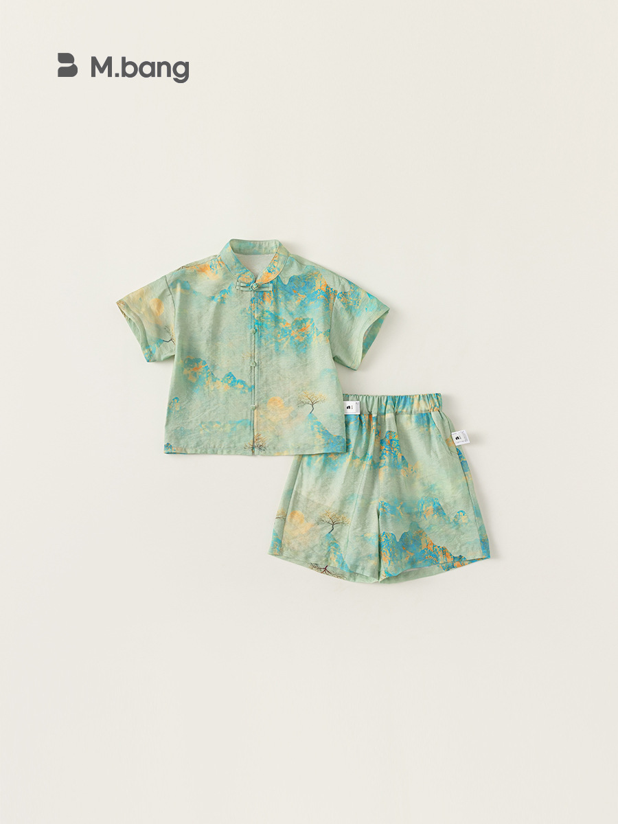 Youbao ropa para niños traje Hanfu para niños estampado de estilo chino 2025 verano niño hebilla de disco pantalones cortos Tang traje de dos piezas