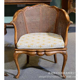 美式中古风藤编沙发椅单人休闲椅复古雕花做旧小户型家用藤艺椅