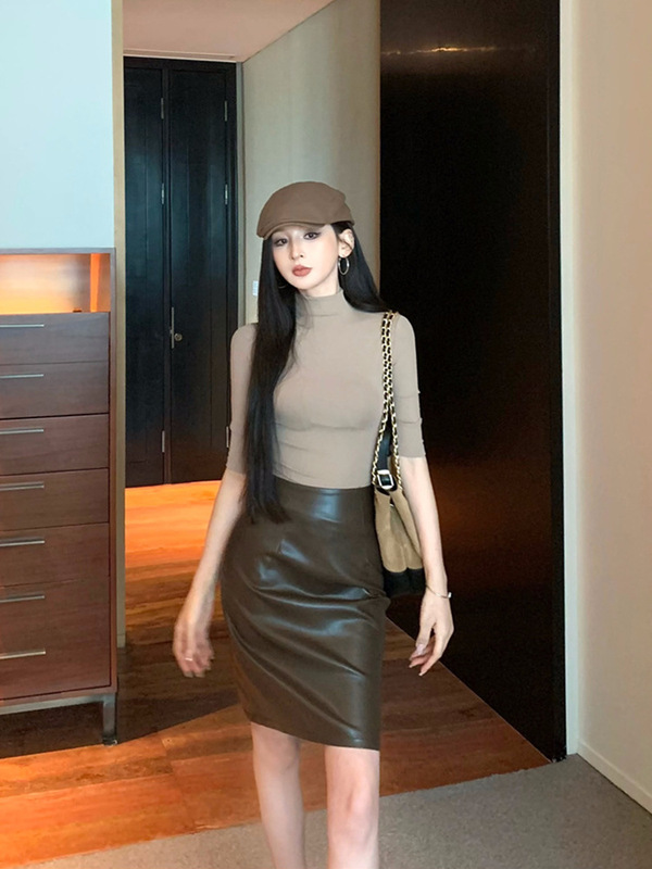 女装高级感气质半袖T恤修身显瘦半高领上衣半身裙皮裙两件套秋装|undefined