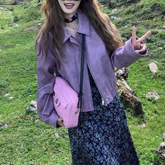 十三行美式复古紫色皮衣短款外套女2025秋韩版宽松休闲夹克上衣