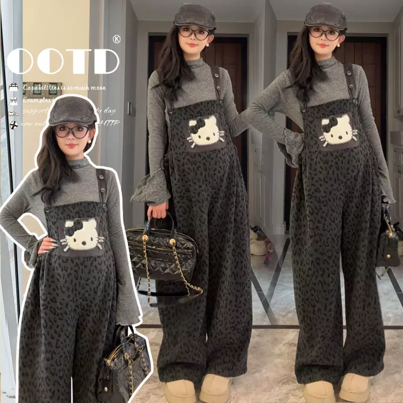 孕妇背带裤冬季加绒加厚卡通背带裤+针织打底孕妇两件套套装