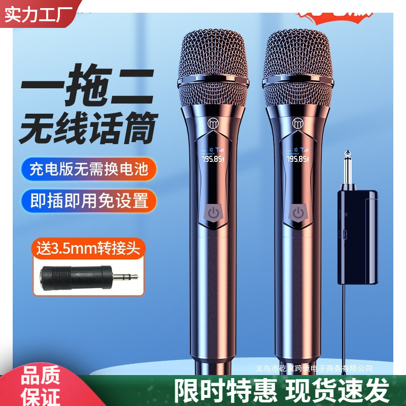 Universal Wireless Microphone One-To-Two Karaoke Microphone for Home Singing Ktv with Speaker Professional Outdoor General Use