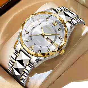 Kasrluo Watch Men's English Calendar Rhombus Shell with Luminous Waterproof Casual Quartz Wristwatch Large Dial