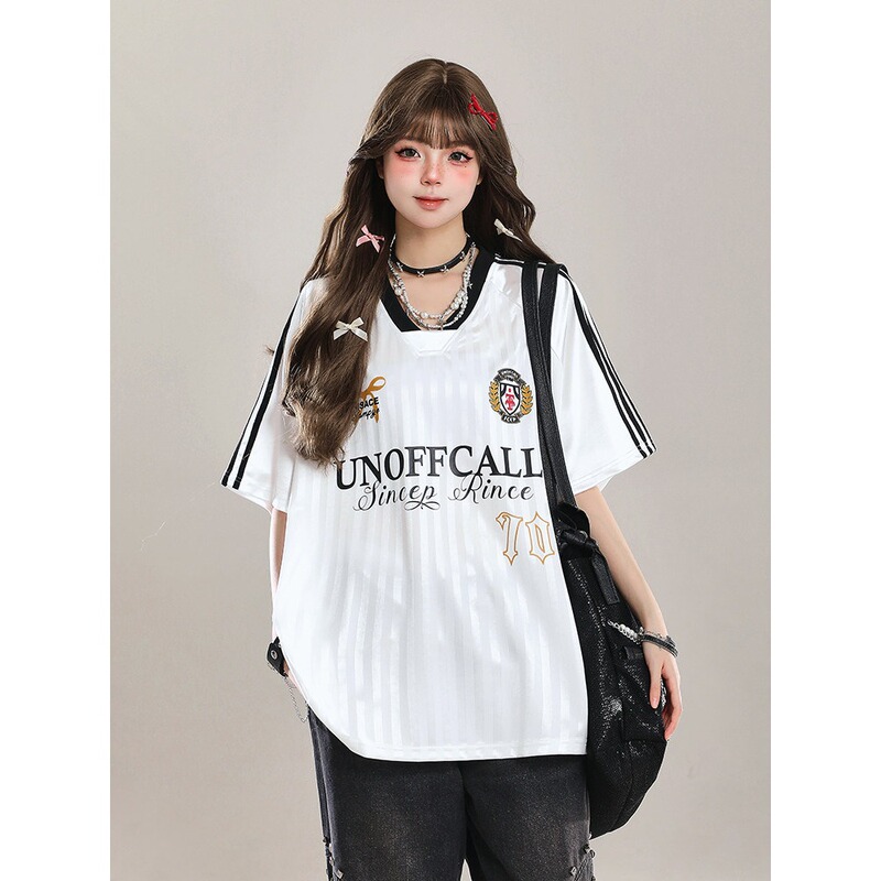 American-Style Letter Print V-Neck Sports Jersey Short-Sleeve T-Shirt for Women, Summer Jersey-Style Loose Half-Sleeve Top for Men, Trendy