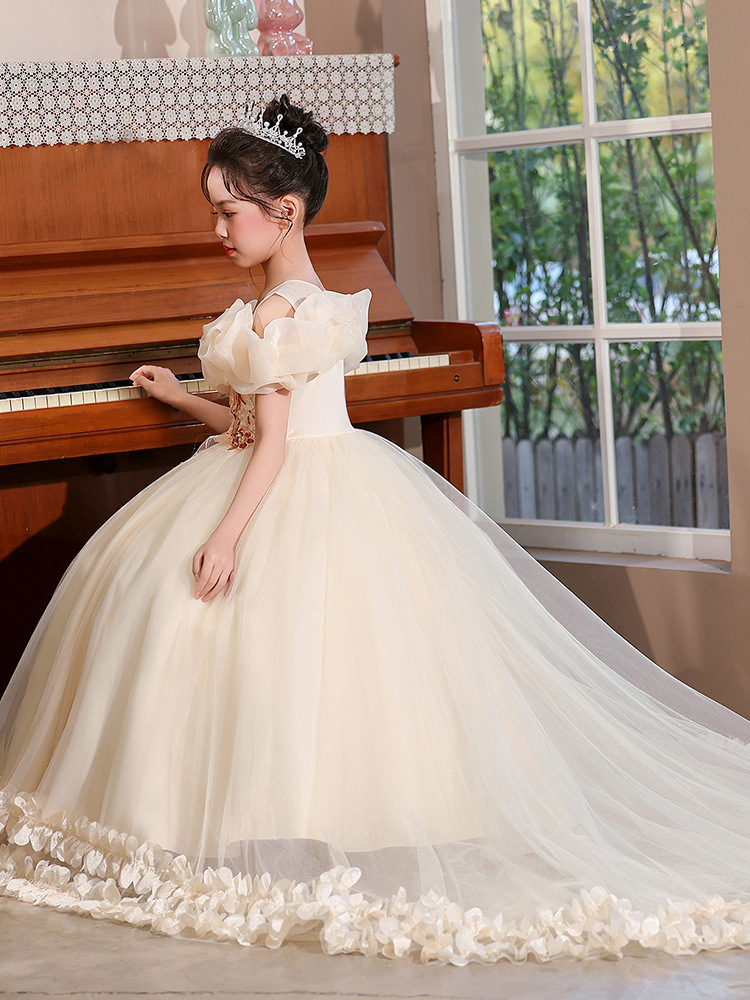 Vestido transfronterizo de estilo europeo y americano, vestido de princesa bordado largo de cola para niñas, traje de piano, pasarela, estilo de lujo ligero de alta gama