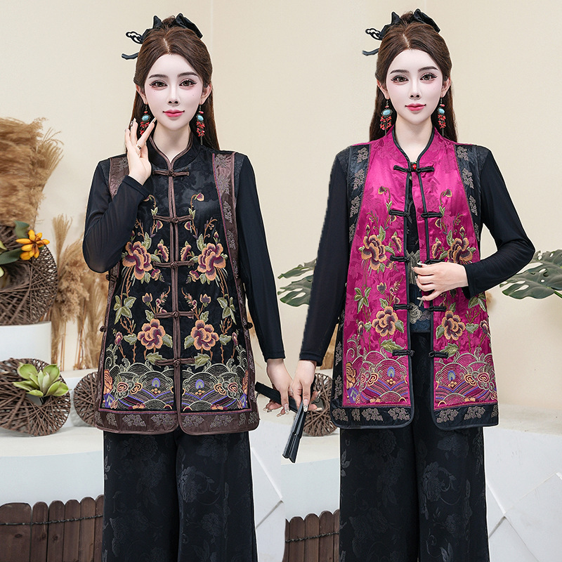 春秋季中国风绣花马夹中长款大码盘扣开衫缎面马甲民族风女装