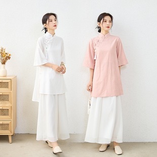 2023 Spring/Summer New Artistic Retro Chinese Style Tea Suit Top + Pants Set