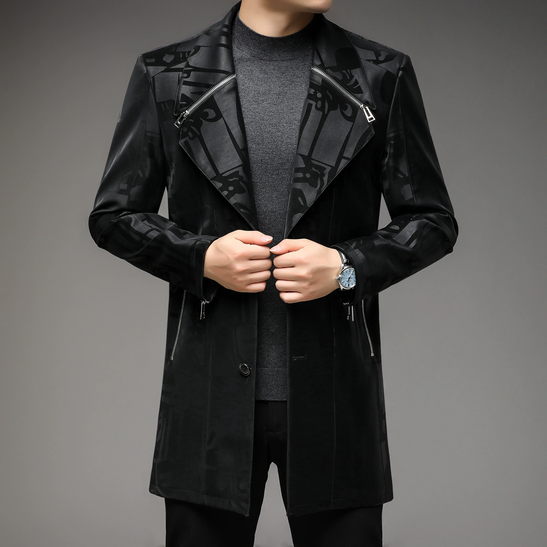Средне длинная slim-fit осенняя куртка для мужчин, черная, стильное трендовое пальто, размеры 170–195
